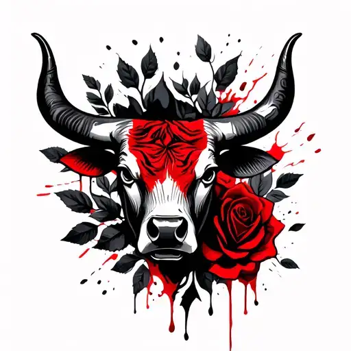 Bull's head, black roses and leaves in the background tattoo design idea