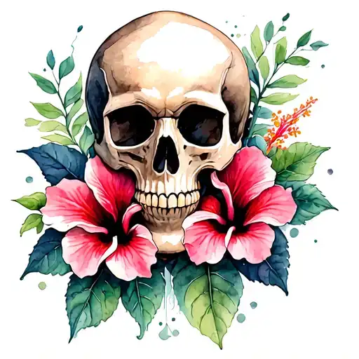 skull and 2 hibiscus flower blooming tattoo design idea