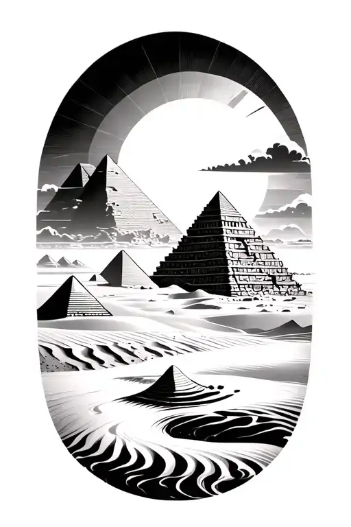 Egyptian forearm filler background, pyramids and sand dunes, desert horizon tying into a sun over water. realistic.  tattoo design idea