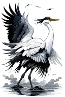 japanese crane (wise and wings at full span) with windbars, clouds surrounding tattoo design idea