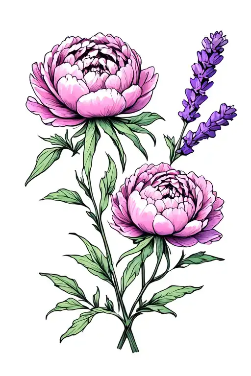 small peonies with long stalks and lavender stalks signifying duality energy tattoo design idea