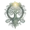 Yggdrasil tree with Odin underneath who hanged himself on it, runes and Freya tattoo design idea