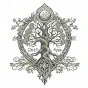 Yggdrasil tree with Odin underneath who hanged himself on it, runes and Freya tattoo design idea