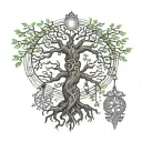 Yggdrasil tree with Odin underneath who hanged himself on it, runes and Freya tattoo design idea