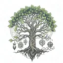 Yggdrasil tree with Odin underneath who hanged himself on it, runes and Freya tattoo design idea