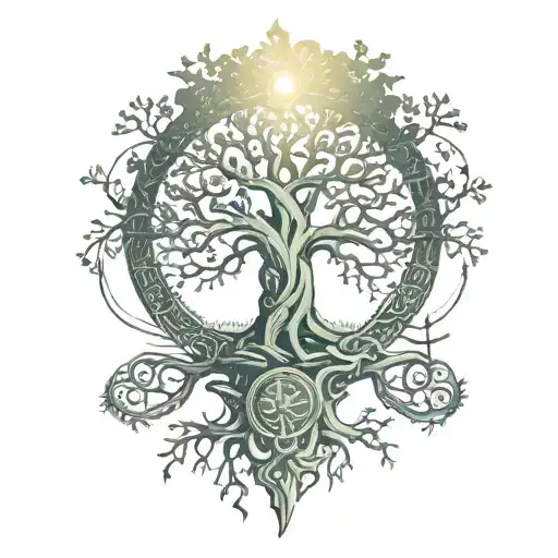Yggdrasil tree with Odin underneath who hanged himself on it, runes and Freya tattoo design idea