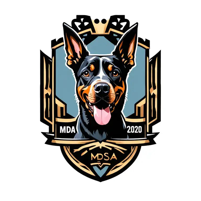 Family crest incorporating a dog and the family name MDSA and year 2020 tattoo design idea