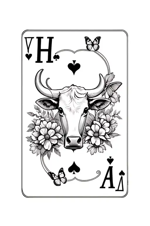 3 king playing cards with H E A initials, small hour glass, cow head, flowers and butterflies bringing it all together  tattoo design idea