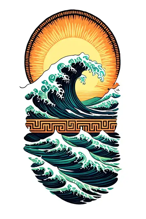 gentle wave, sun rise, Greek key band at base tattoo design idea