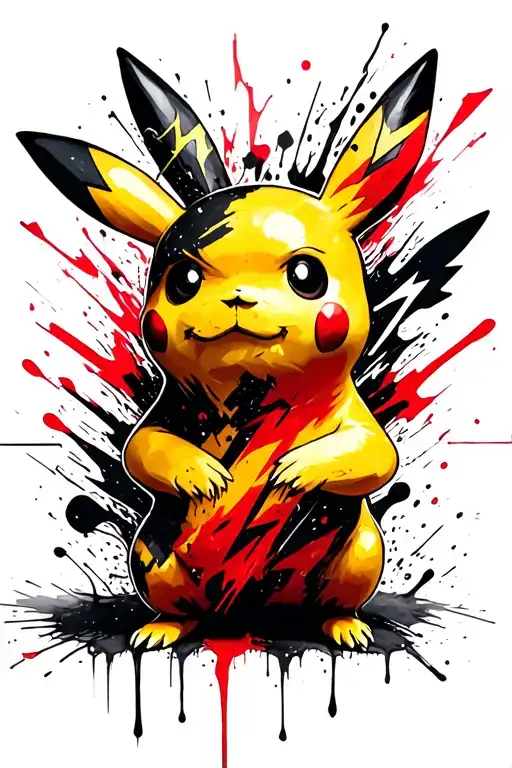 yellow trash polka pikachu with lightning bolts striking tattoo design idea