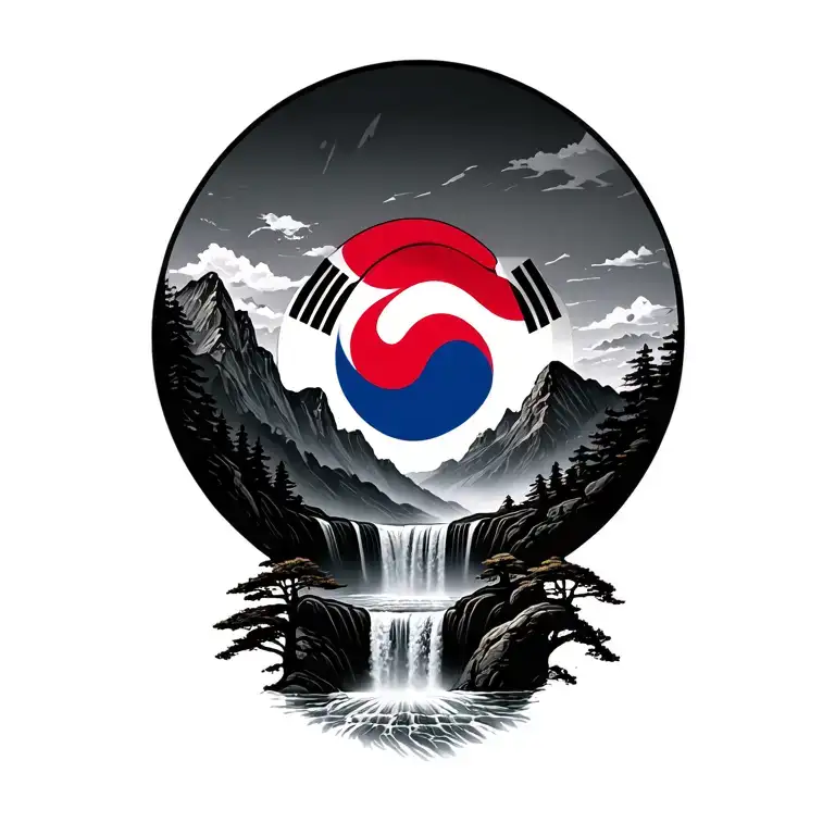 brush style with mountains and a waterfall on the botton half that includes the korean flag in the middle and a sky  tattoo design idea
