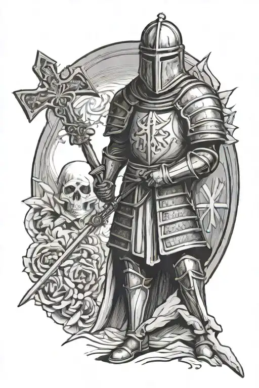 historically accurate Templar Knight standing facing the camera, wearing a  helmet , holding a cross in front of him.  tattoo design idea