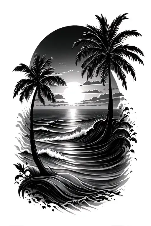 sunset with palm trees and ocean waves flowing tattoo design idea