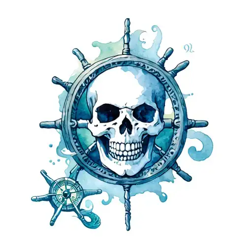 pirate skull, kraken emerging from the depths, mermaid, nautical compass, ghost pirate ship, ship wheel, skeleton tattoo design idea
