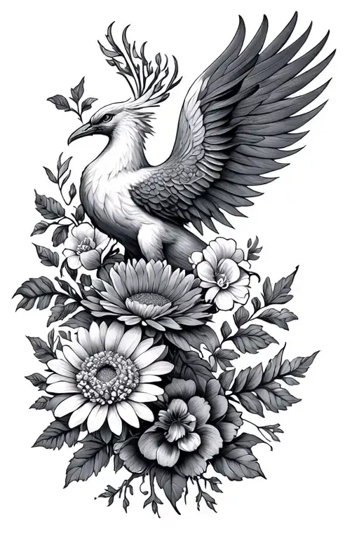 inner forearm with Chrysanthemum, iris, primrose and violet with a Phoenix rising from the flowers vines and leave tattoo design idea