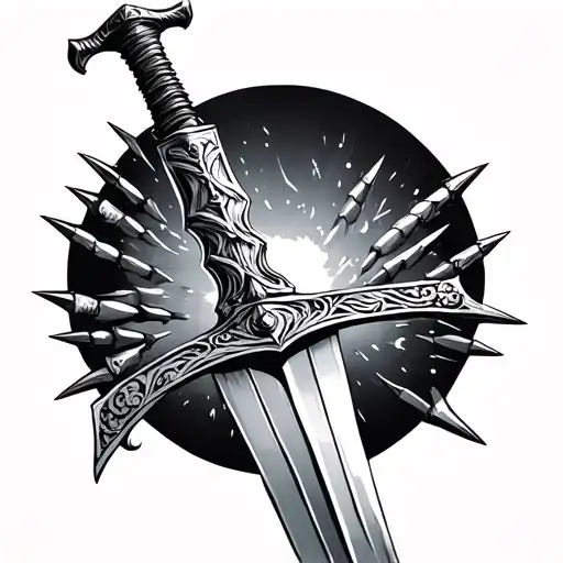 Men's tattoo with: sword with a handle full of nails that exceeds it tattoo design idea