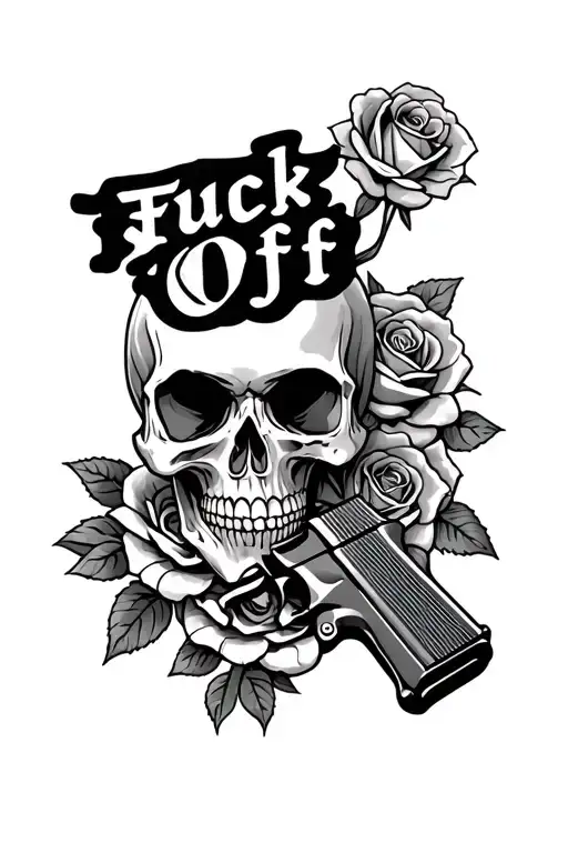 "Fuck Off " skull and roses with gun morphing tattoo design idea