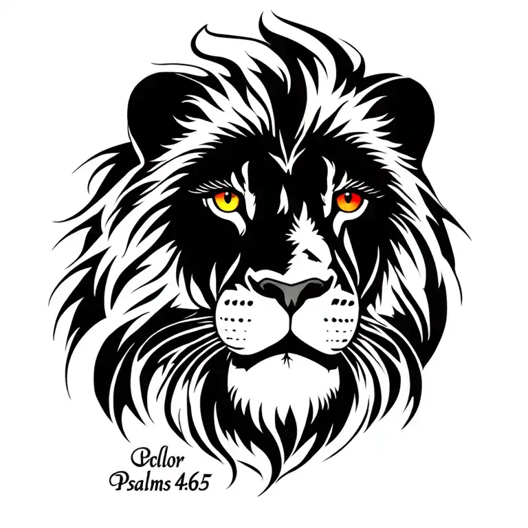 lion face with color eyes, with "Psalms 46:5" placed in the mane tattoo design idea