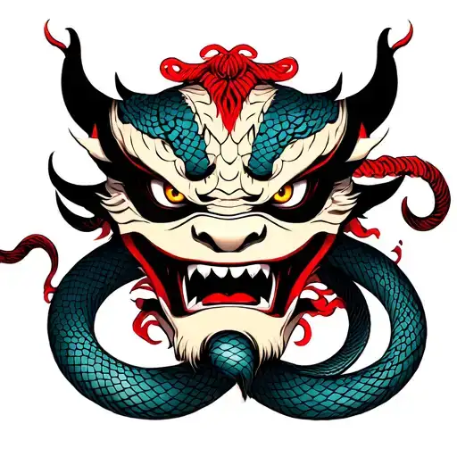 Japanese style Oni demon mask with snake coiled snake intertwined and red thread like lines floating about it make it hd tattoo design idea