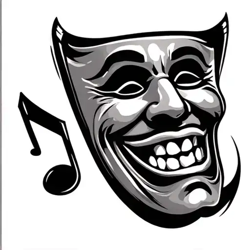 laughing theatre mask with music note next to it tattoo design idea