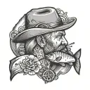 dere head , fishing pole, country music tattoo design idea