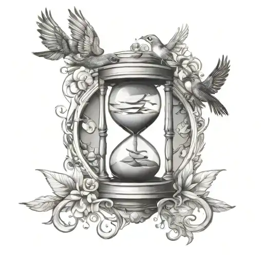 hour glass birds spiral staircase circling around arm tattoo design idea