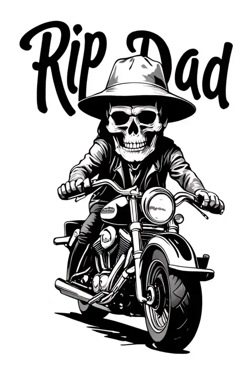 "Rip dad " skull wearing a bucket hat riding a harley davidson tattoo design idea