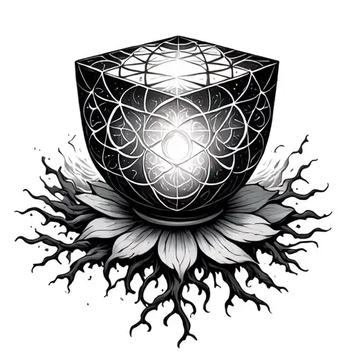 Metatron Cube turning into sunbeams flowing into a cup with roots coming out of the bottom into a flower of life tattoo design idea