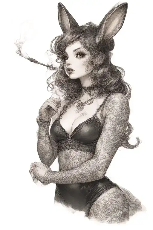 Pin up goth bunny girl standing smoking sigarette and have tattoos tattoo design idea