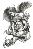 An angel with wings and no head holding out the head of a devil tattoo design idea