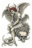 An angel with wings and no head holding out the head of a devil tattoo design idea
