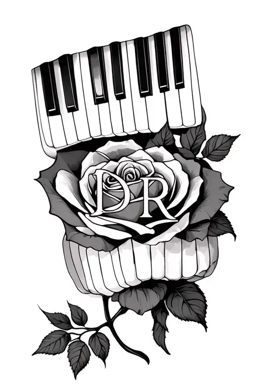 piano keys wrapped in rose's initials "D.R." tattoo design idea