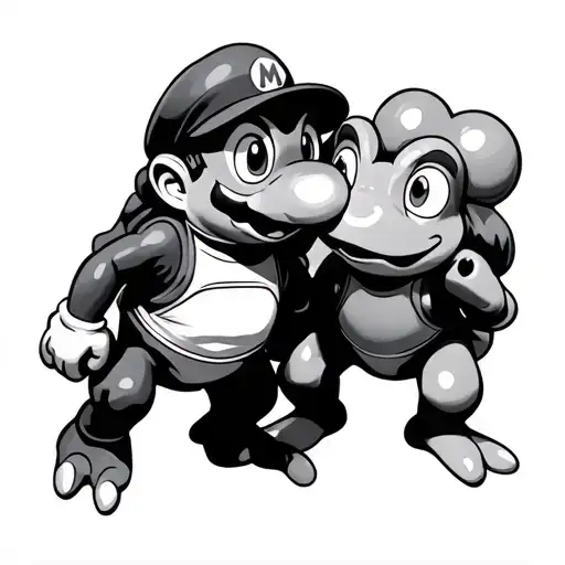 a couples tattoo of toad and toadette from super mario tattoo design idea