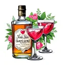vintage gin bottle with heart shaped label and stemmed fancy drink glass  tattoo design idea
