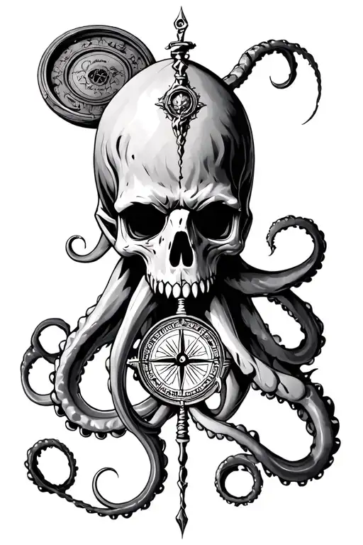 kraken sailor compass surrounded tattoo design idea
