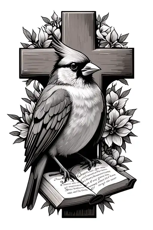 cardinal bird sitting on a cross with a bible verse tattoo design idea