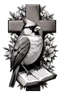cardinal bird sitting on a cross with a bible verse tattoo design idea