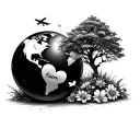 bowling ball planet earth, plane, tree on top, cats and dogs, plants and flowers, write naomi with a heart on the i tattoo design idea