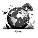 bowling ball planet earth, plane, tree on top, cats and dogs, plants and flowers, write naomi with a heart on the i tattoo design idea