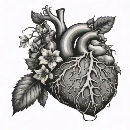realistic heart with veins which become vines with flowers tattoo design idea