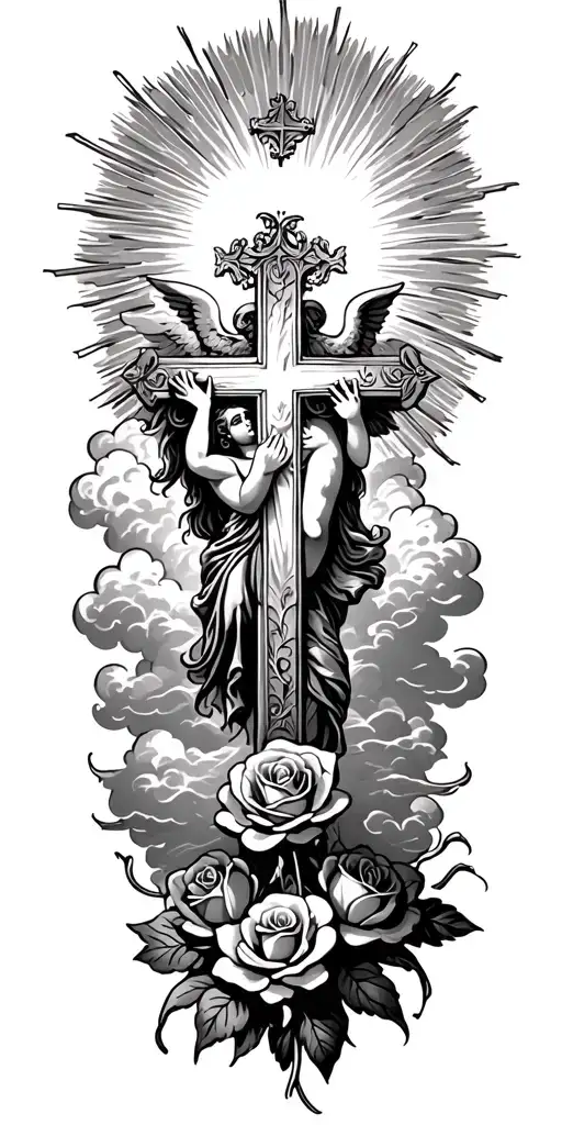a cross with rays and roses and a cherub with clouds with rays and clouds tattoo design idea