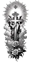 a cross with rays and roses and a cherub with clouds with rays and clouds tattoo design idea