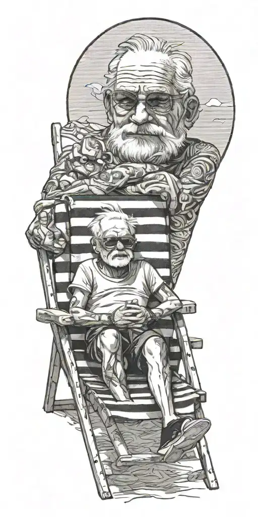 a boy and grandpa sitting on the beach in beach chairs  tattoo design idea