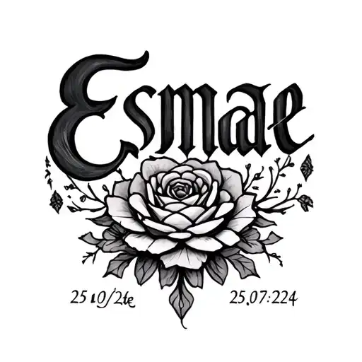tattoo name containing only exactly the letters and numbers; (Esmae 25-07-2024) tattoo design idea