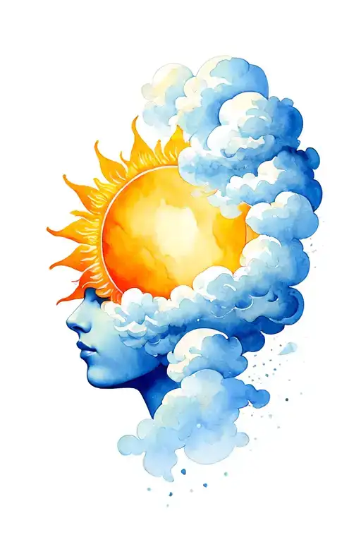 sun head hugging a cloud head forground tattoo design idea