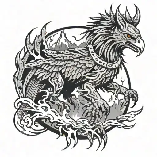 owl, dragon, wolf eagle fish native American warrior riding chains of flames around a mountain  tattoo design idea