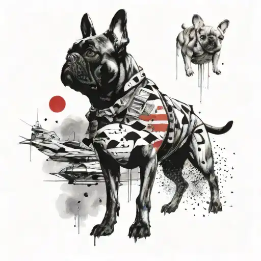 UFO abducting 2 brindle French bulldogs in the desert  tattoo design idea