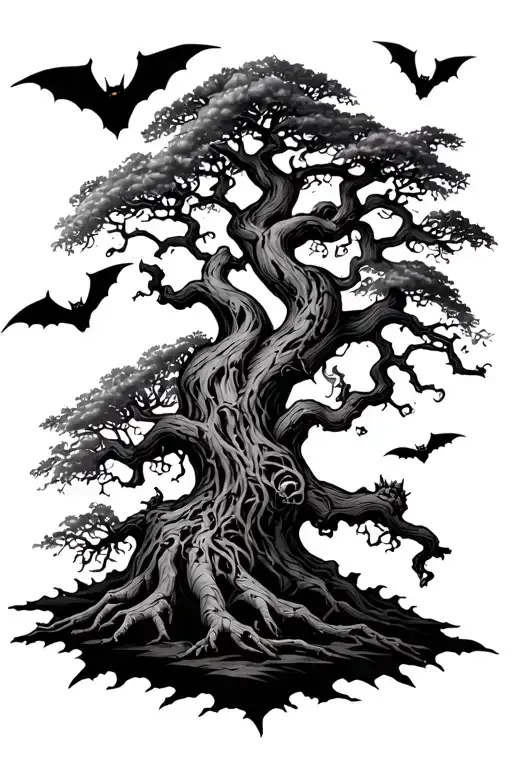 poison tree with bats flying across tattoo design idea