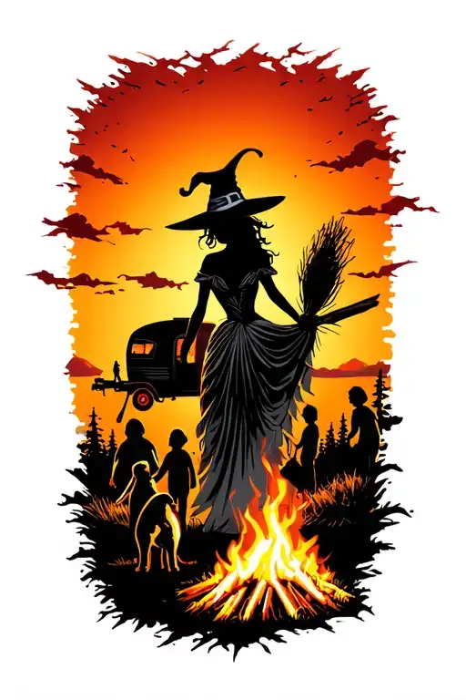 silhouette of busty sexy witch bride on broomstick over a campsite with a trailer and campfire with children & dog tattoo design idea