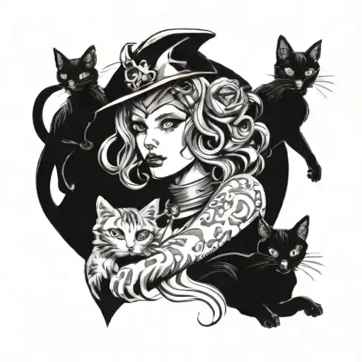 witchy woman with cats  tattoo design idea